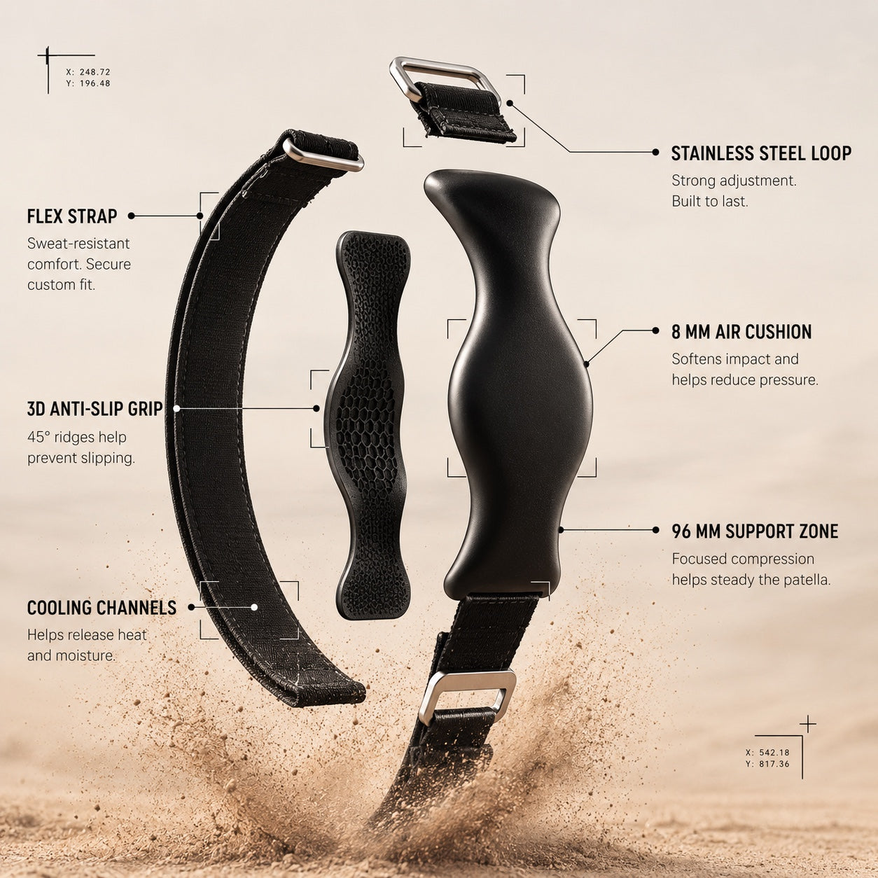 Exploded view of the OWEKEN silicone pad, woven strap and metal adjusters